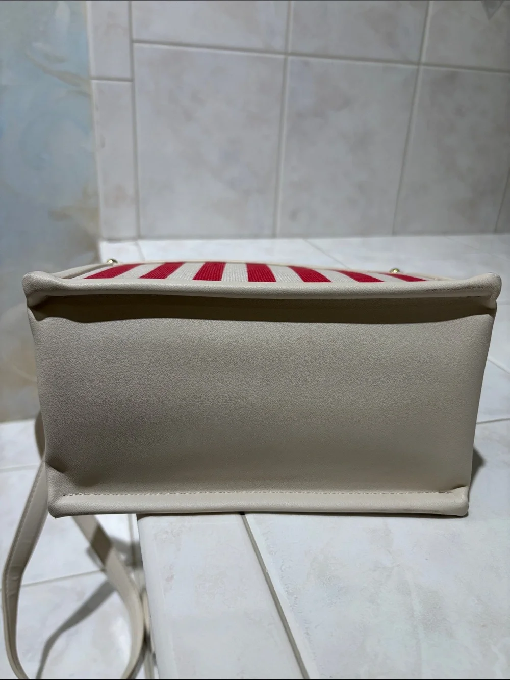 Betsey Johnson Cream and Red Striped Top-Handle Satchel with Blueberry Pom Charm
